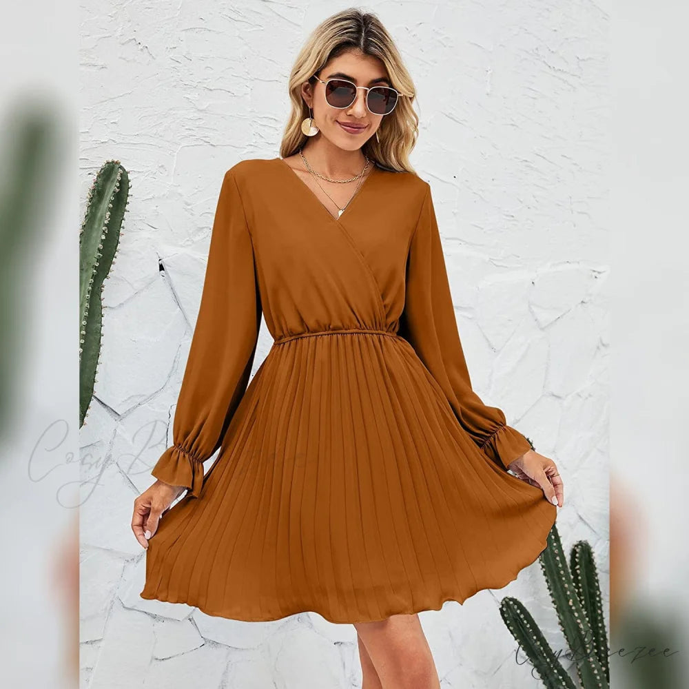 Wrap V Neck Pleated Long Sleeve Mini Dress for Women
