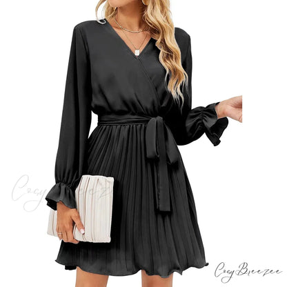 Wrap V Neck Pleated Long Sleeve Mini Dress for Women Black / S