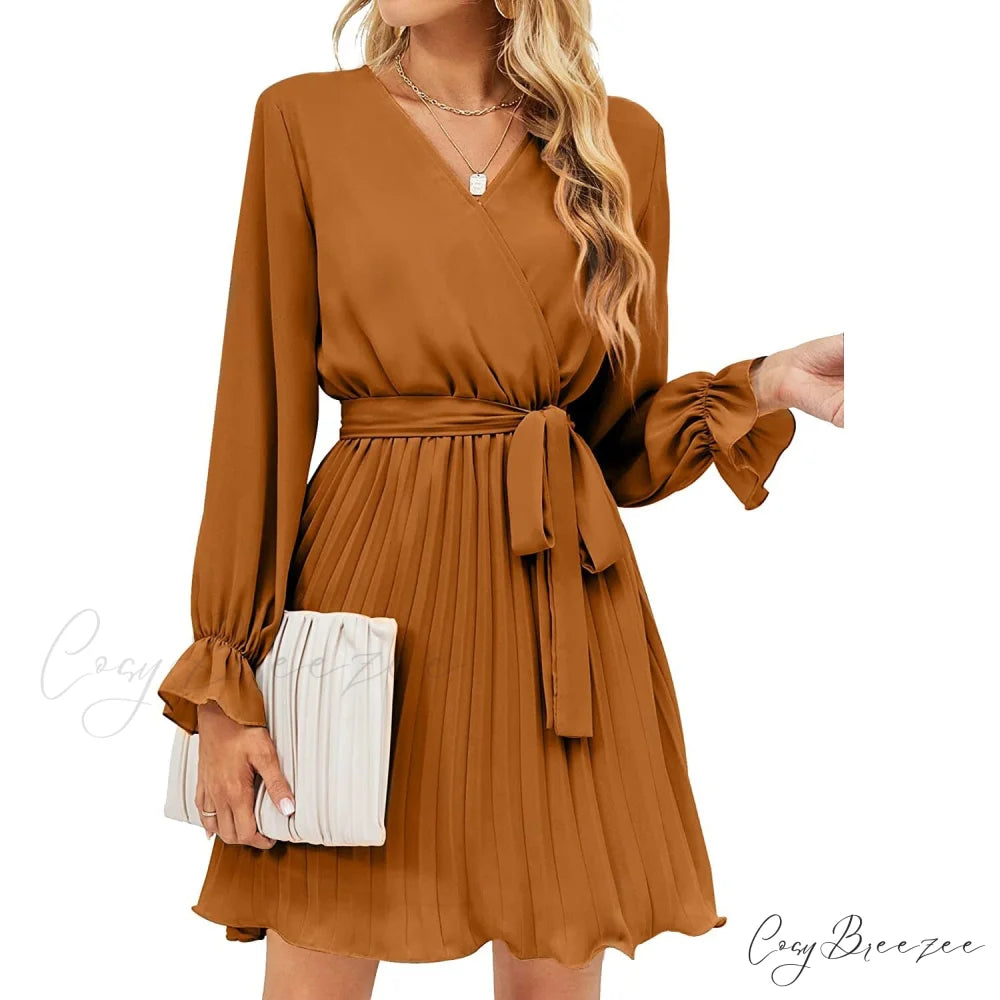 Wrap V Neck Pleated Long Sleeve Mini Dress for Women Brown / S