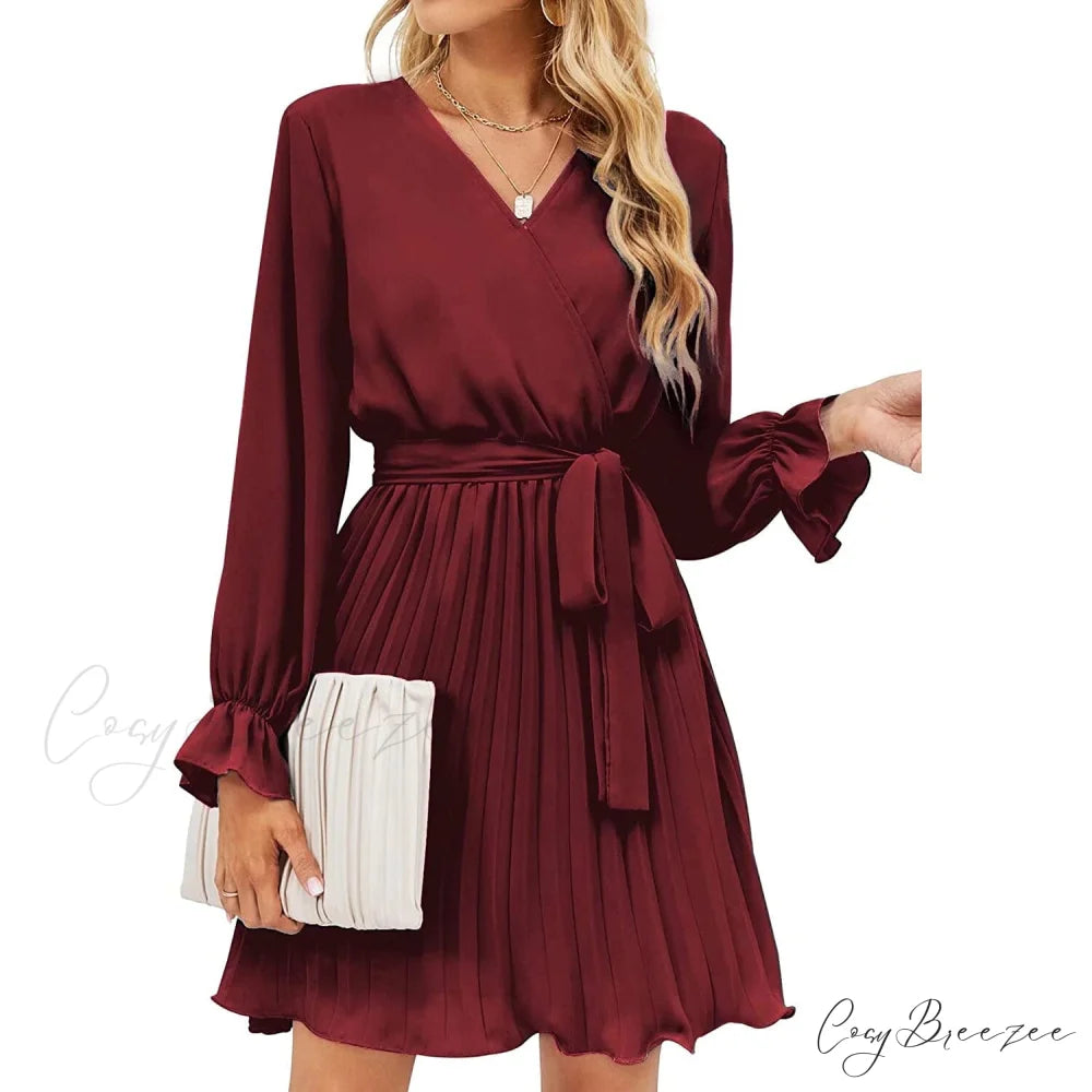 Wrap V Neck Pleated Long Sleeve Mini Dress for Women Wine Red / S
