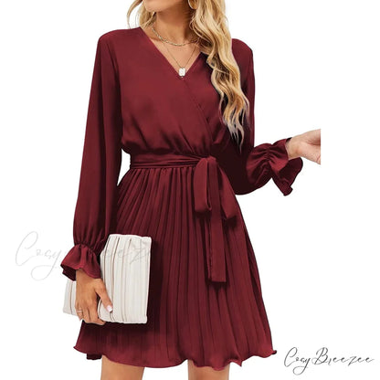 Wrap V Neck Pleated Long Sleeve Mini Dress for Women Wine Red / S