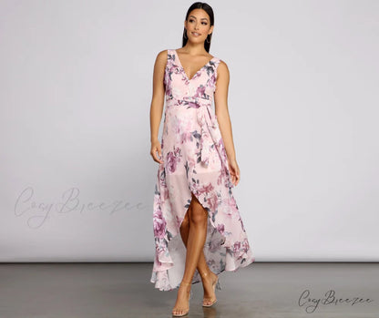 Wrapped In Romance Charming Floral Chiffon Maxi Dress MAUVE / XS