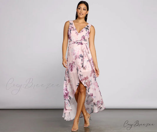 Wrapped In Romance Charming Floral Chiffon Maxi Dress MAUVE / XS