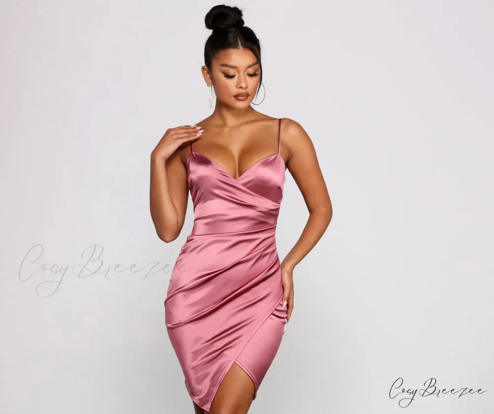Wrapped In Sleek Charming Satin Mini Dress MAUVE / XS