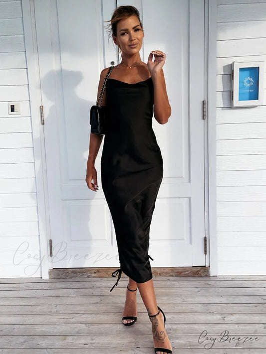 Wrapped In Stylish Charming Satin Mini Dress Black / S
