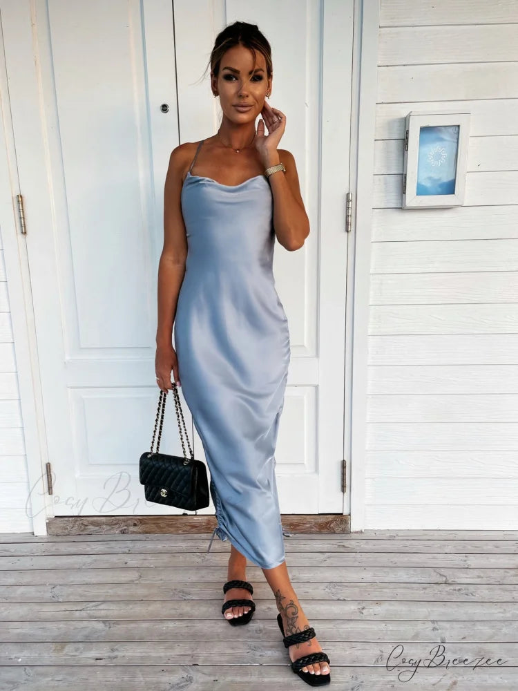 Wrapped In Stylish Charming Satin Mini Dress Blue / S
