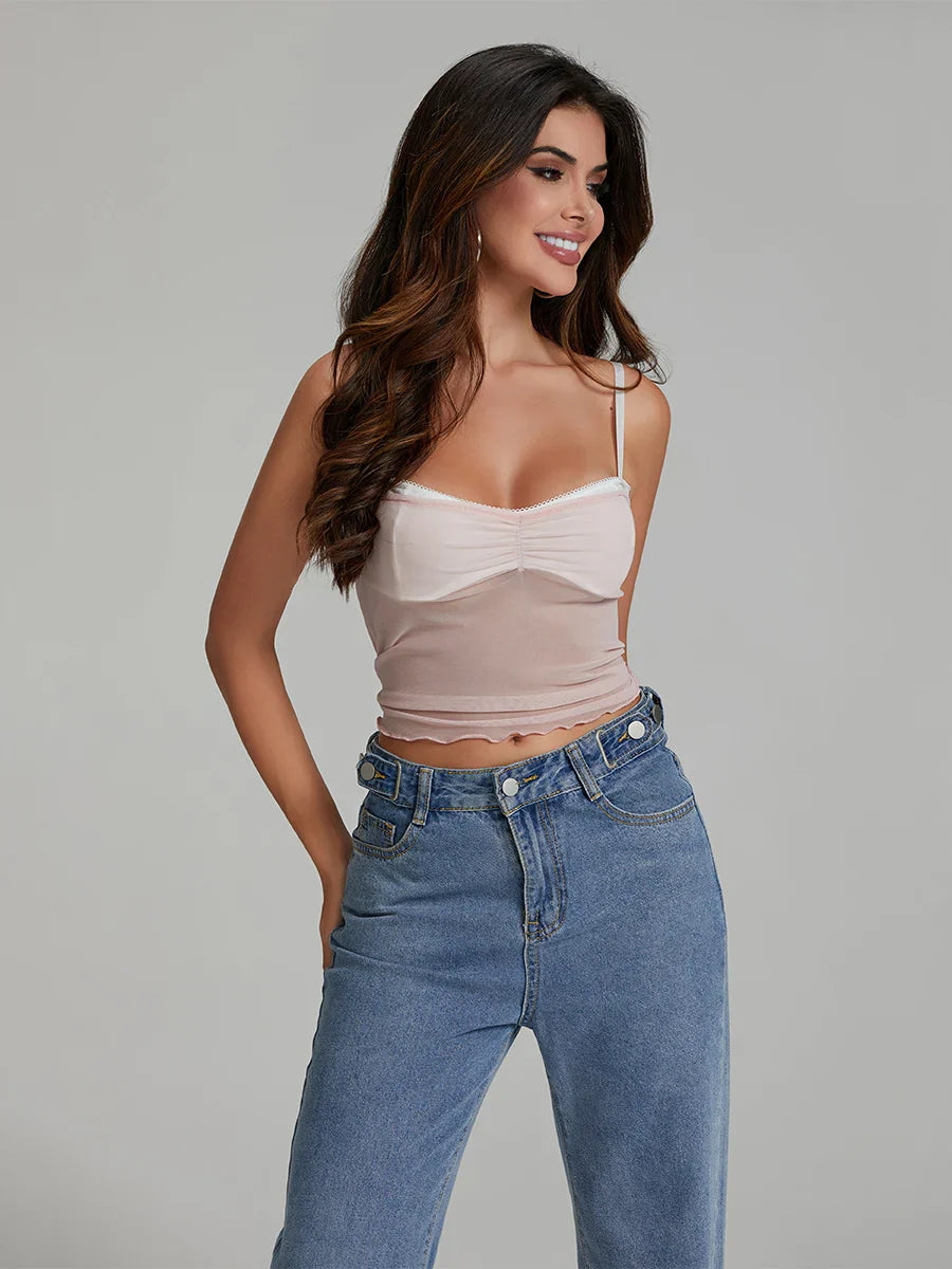 Mesh Ruched Color Block Spaghetti Strap Crop Top