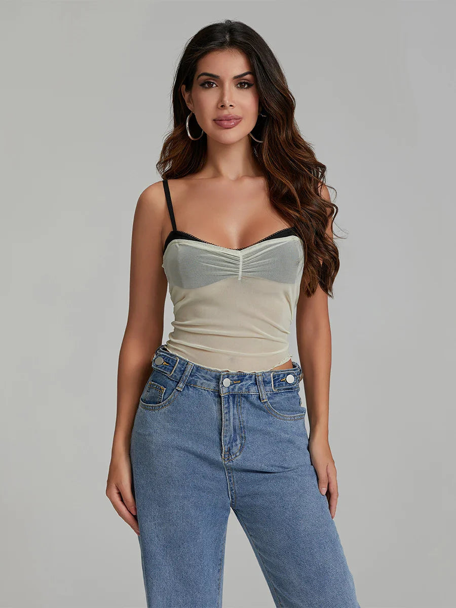 Mesh Ruched Color Block Spaghetti Strap Crop Top