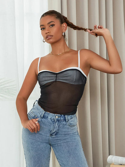 Mesh Ruched Color Block Spaghetti Strap Crop Top