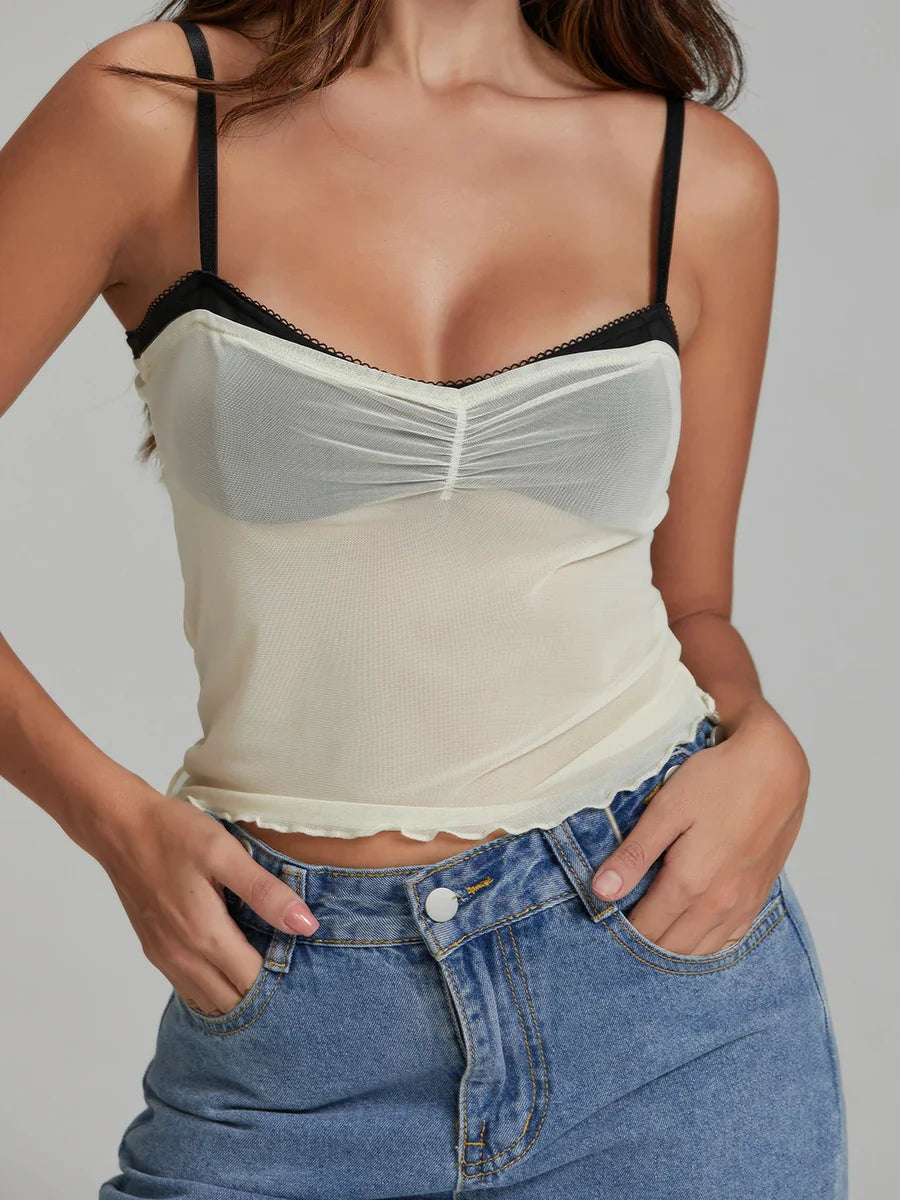 Mesh Ruched Color Block Spaghetti Strap Crop Top