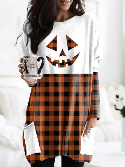 Abstract Women's Design Black Painting Shirts Round Neck Block White Halloween Long Tunic Plaid Weekend and for and Arm Color Wine in Pocket with Design