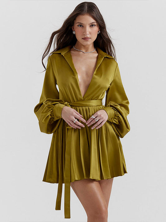 Natalie Satin Pleated Sexy Shirt Dress