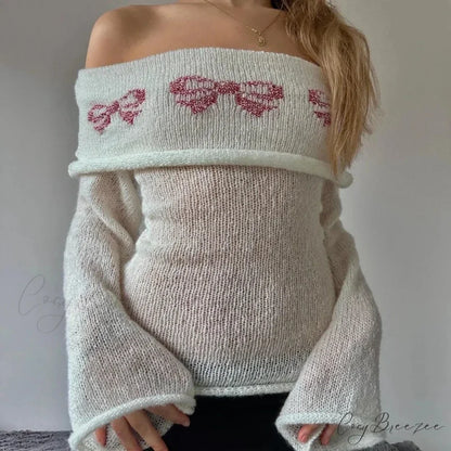 Y2k Aesthetic Bowknot Pattern Off-shoulder Sweater WHITE / S swraters-241228