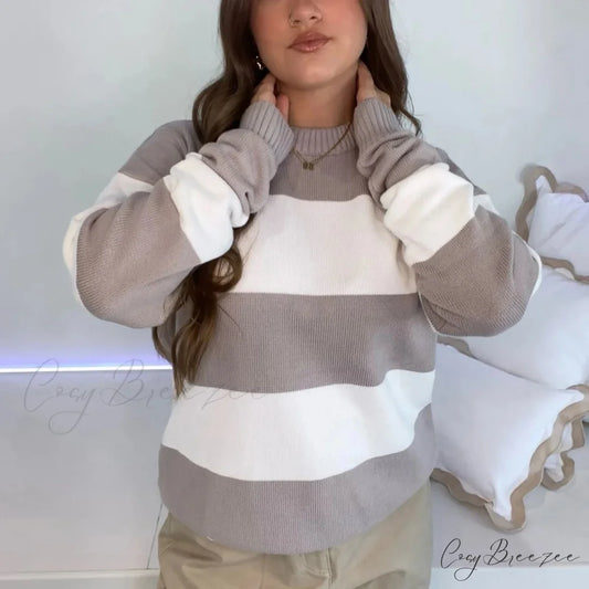 Y2K Autumn Loose Fit Stripe Print Color Block Knit Top GRAY / S knittop-250126