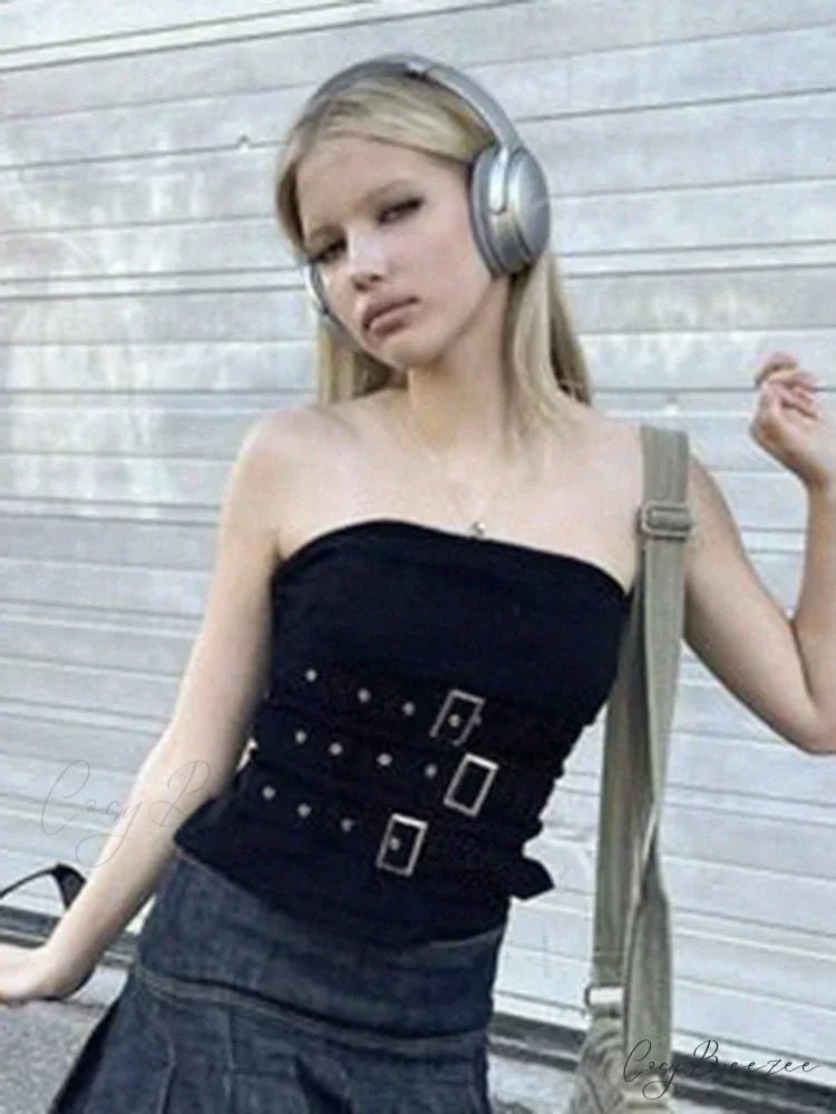 Y2K Bandage Buckle Corset Black Punk Grunge Gothic Retro Streetwear Crop Top