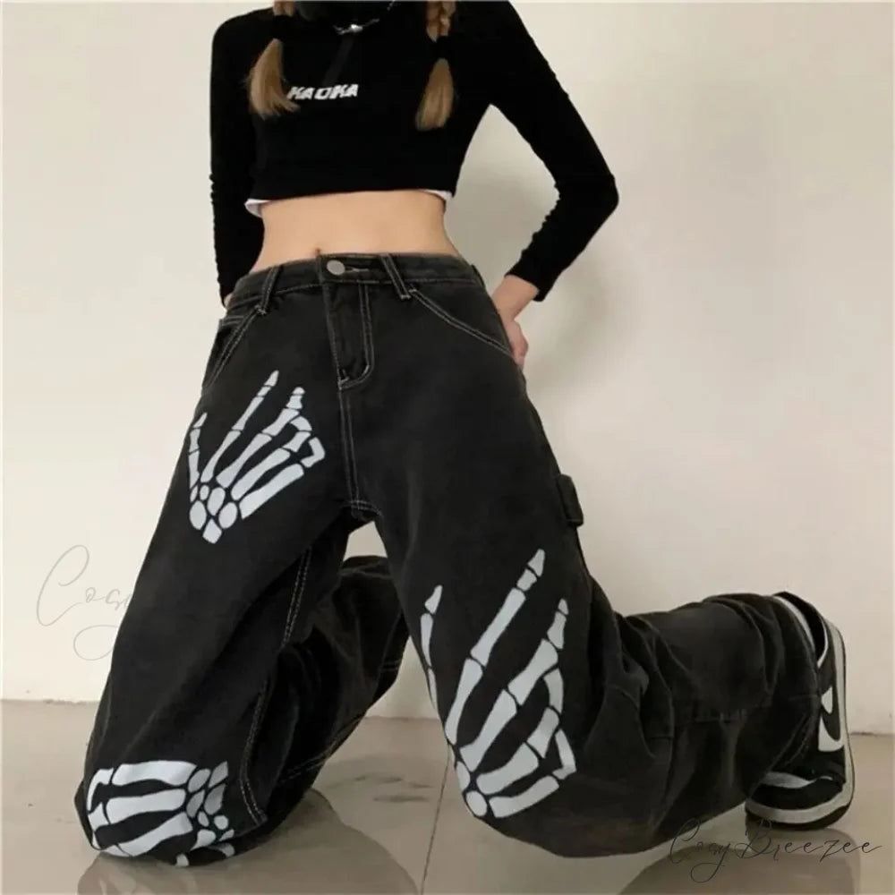 Y2K Black Jeans Print Street Pants pants-241228