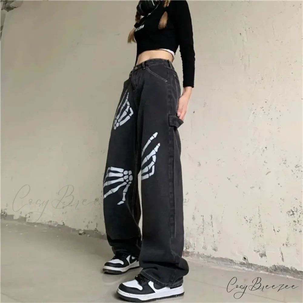 Y2K Black Jeans Print Street Pants pants-241228