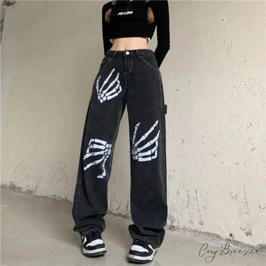 Y2K Black Jeans Print Street Pants pants-241228