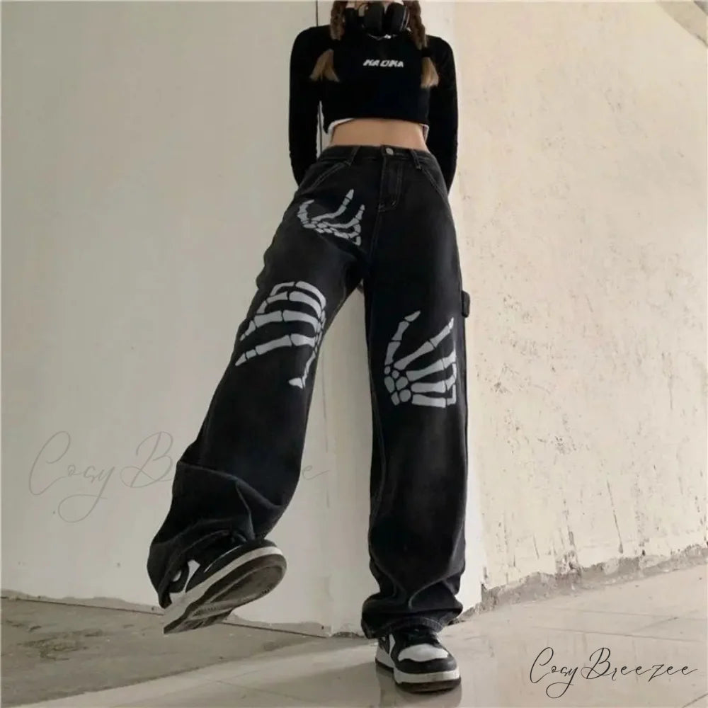 Y2K Black Jeans Print Street Pants pants-241228