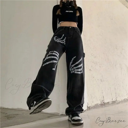 Y2K Black Jeans Print Street Pants pants-241228