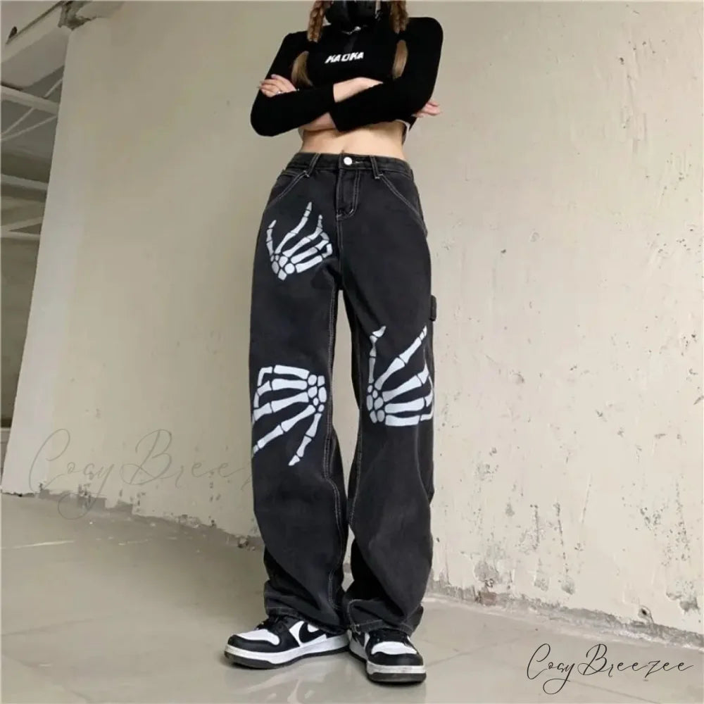 Y2K Black Jeans Print Street Pants Black / S pants-241228