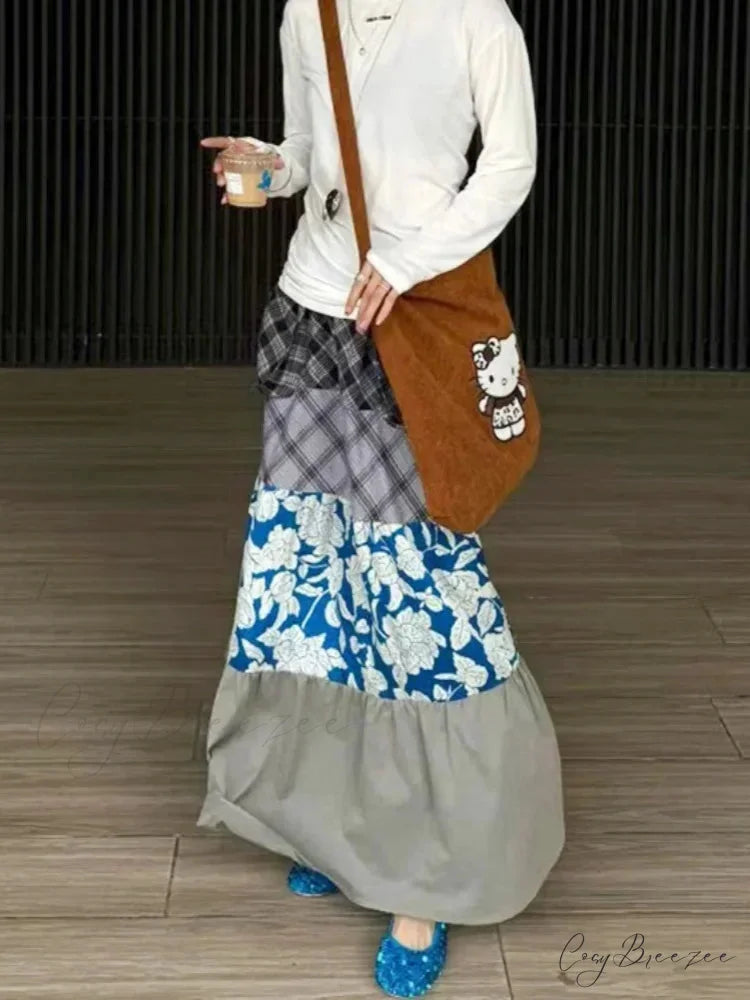 Y2K Blue Flower Patch Full Skirt Personalized Large Pocket Skirt skirt-250126
