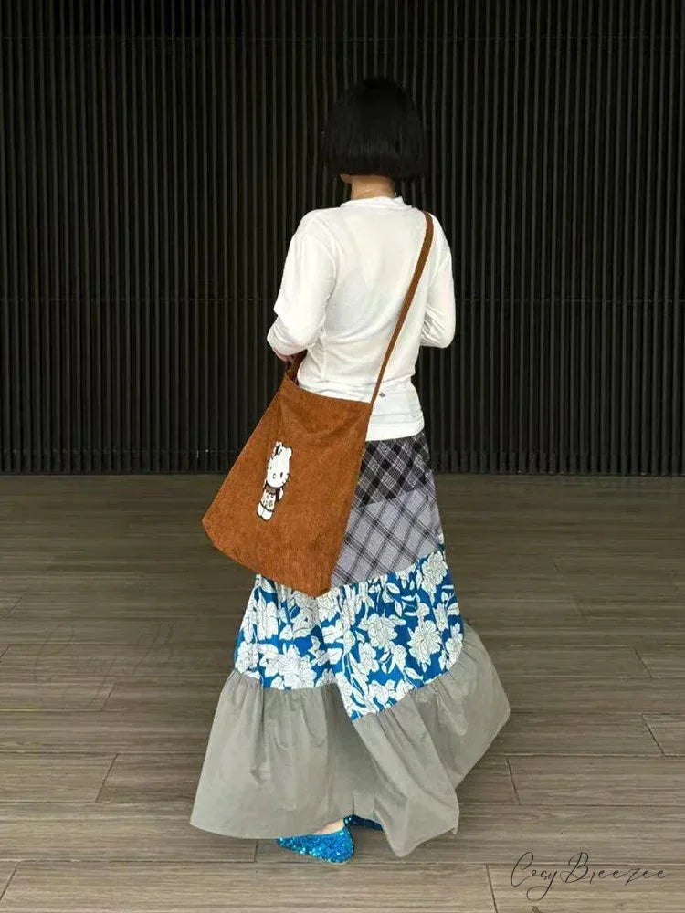 Y2K Blue Flower Patch Full Skirt Personalized Large Pocket Skirt skirt-250126