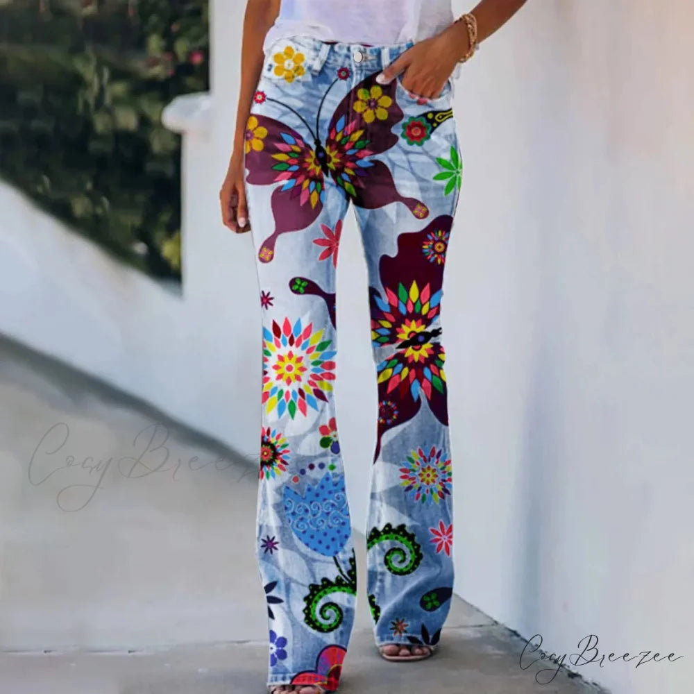 Y2K Bootcut Flared Aesthetics Print Jeans blue / S