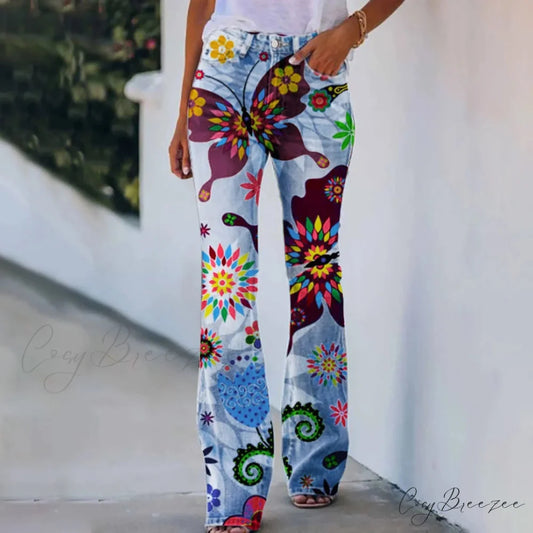 Y2K Bootcut Flared Aesthetics Print Jeans blue / S