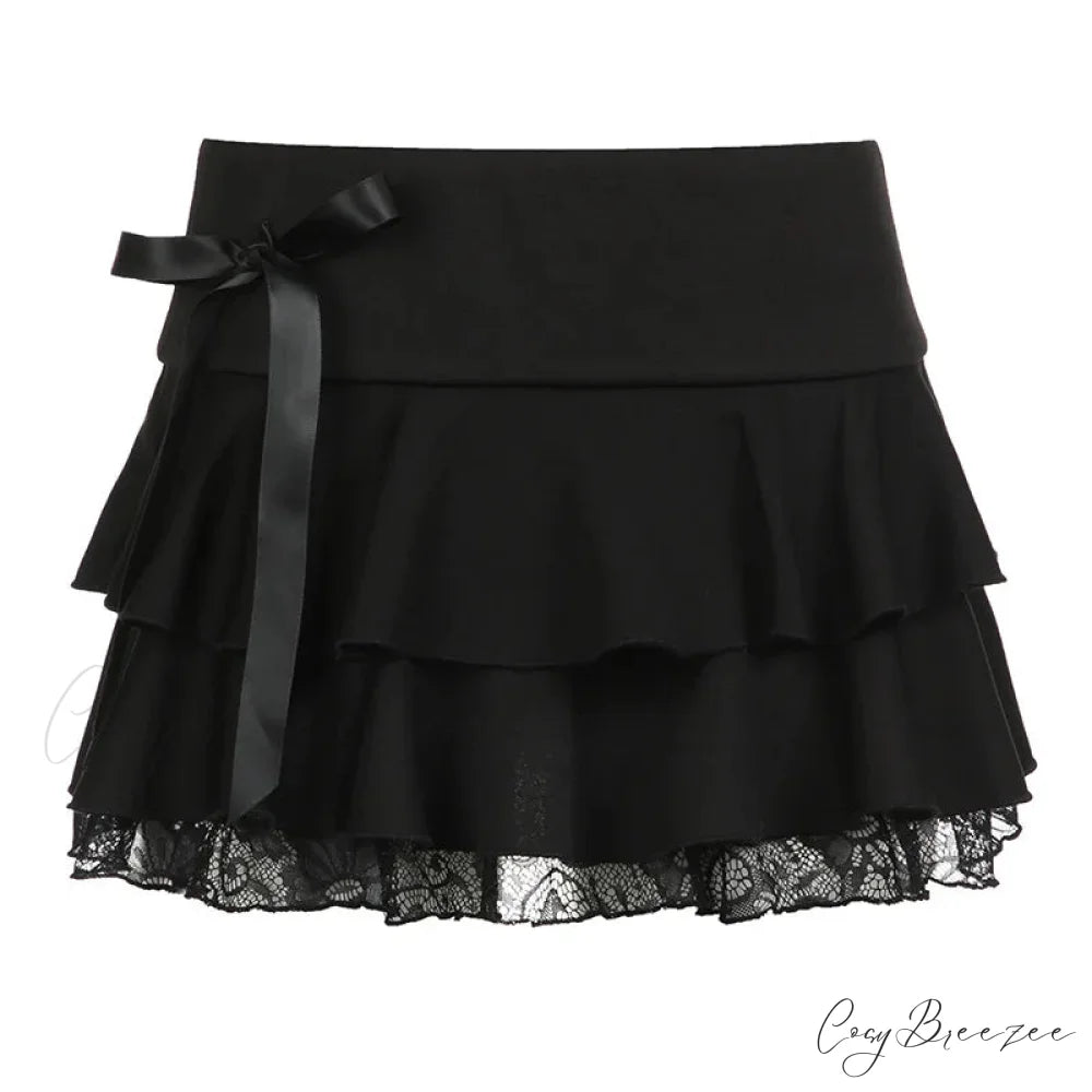Y2k Bow Lace Trim A-line Party Mini Mall Gothic Ruffles Low Waist Black Women Lolita Fashion Skirt Black / S
