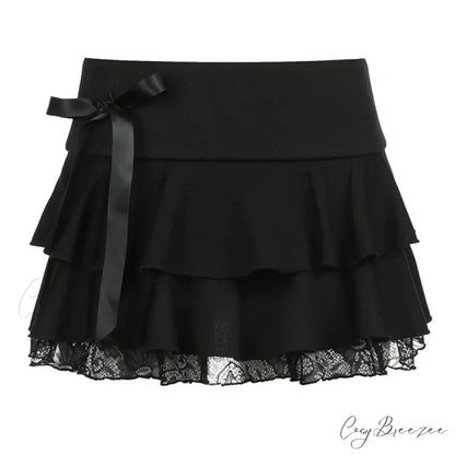 Y2k Bow Lace Trim A-line Party Mini Mall Gothic Ruffles Low Waist Black Women Lolita Fashion Skirt Black / S