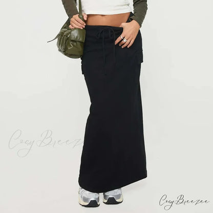 Y2K Cargo Drawstring Bodycon Slit Maxi Skirt