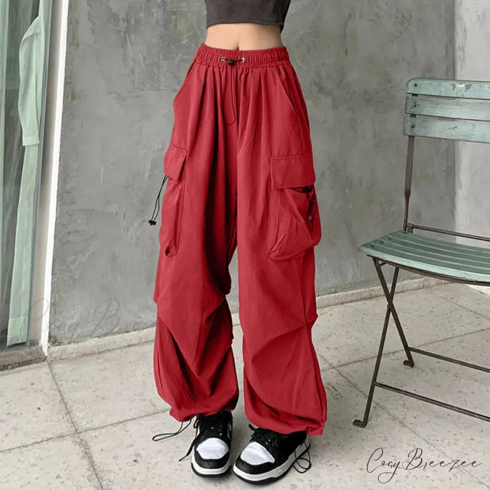 Y2K Cargo Drawstring Pleated Wide Pants red 1 / S pants-241228