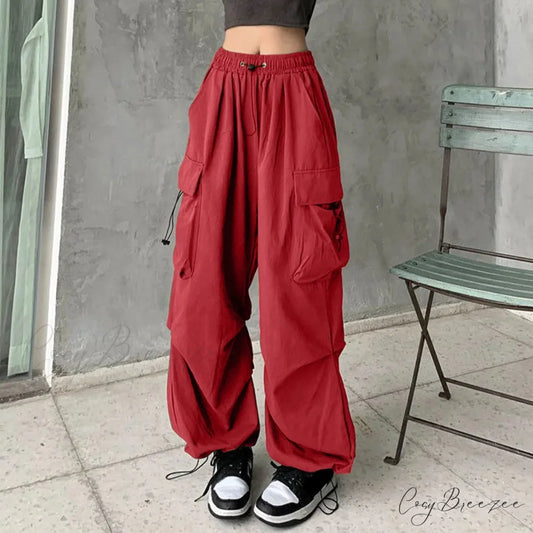 Y2K Cargo Drawstring Pleated Wide Pants red 1 / S pants-241228
