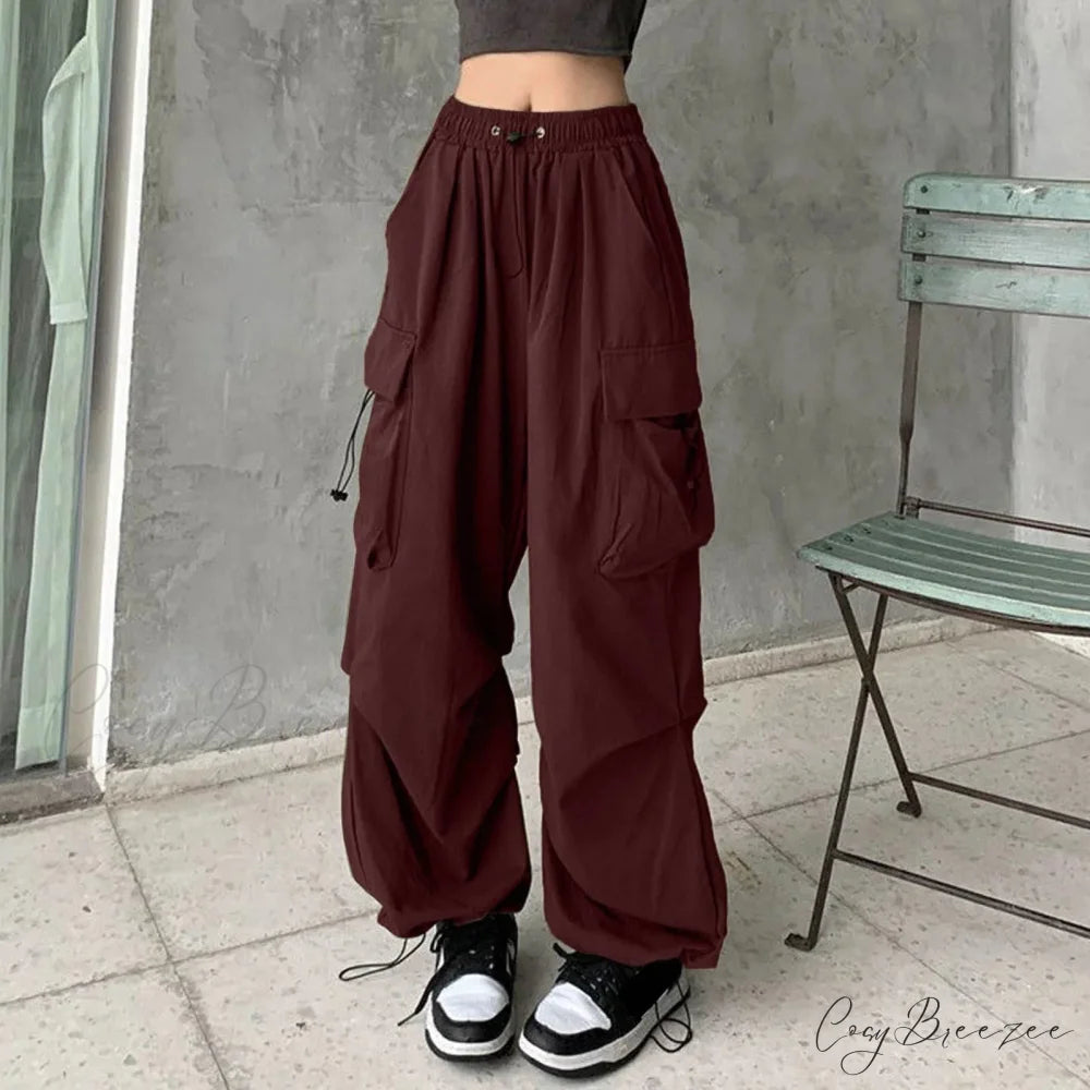 Y2K Cargo Drawstring Pleated Wide Pants red 2 / S pants-241228