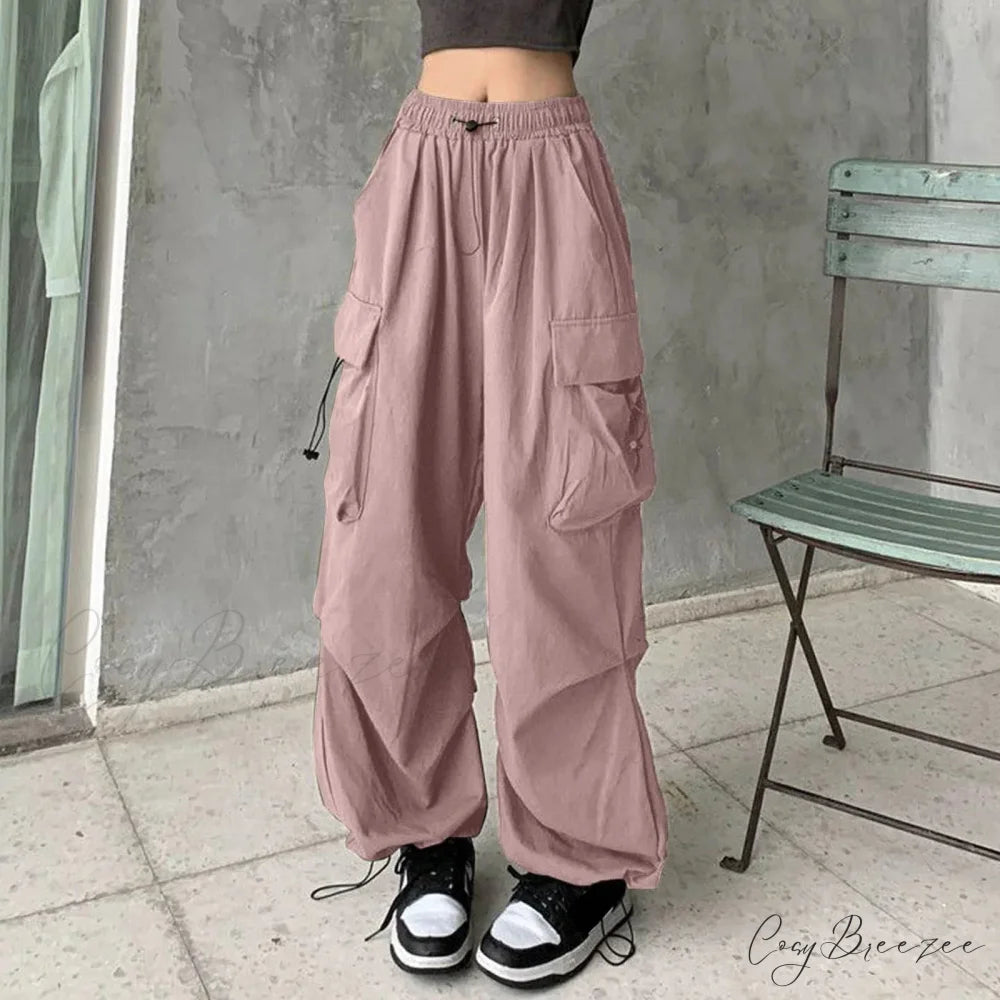 Y2K Cargo Drawstring Pleated Wide Pants red 3 / S pants-241228