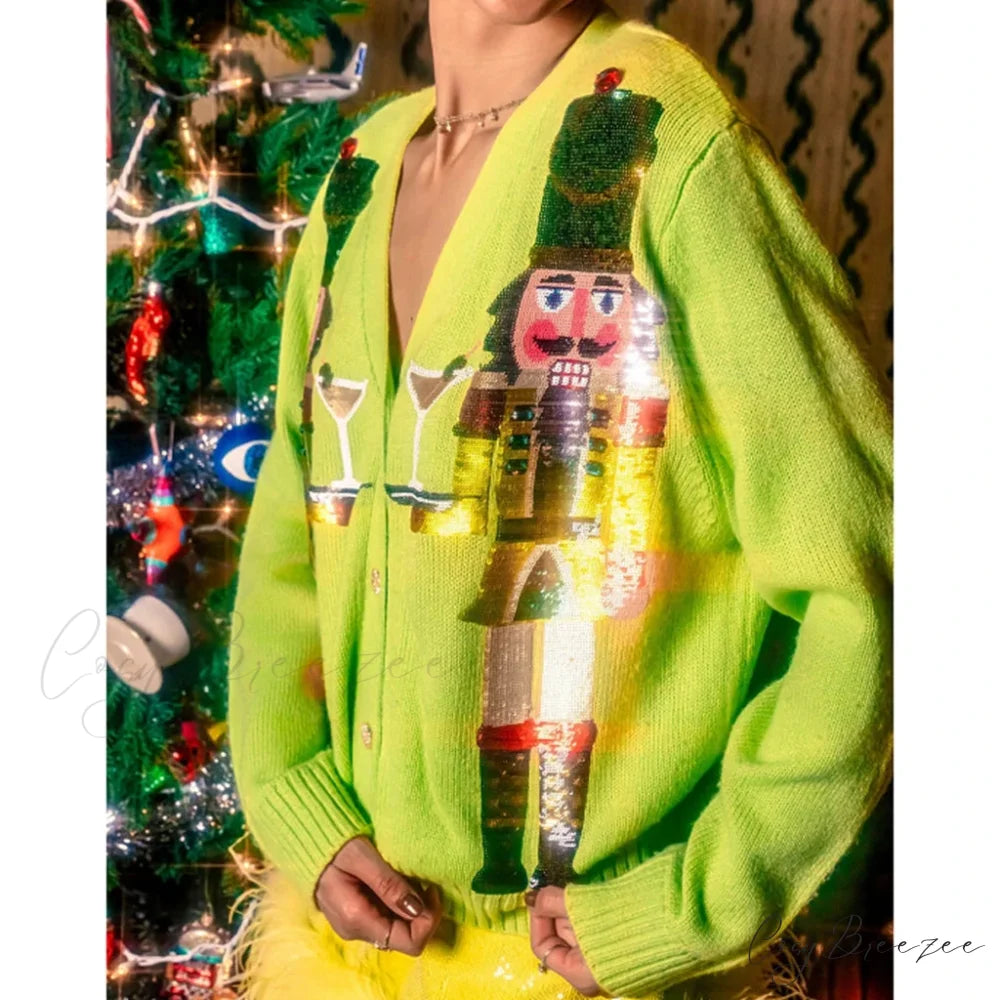 Y2K Cartoon Soldiers Sequin Cropped Cardigan light green / S