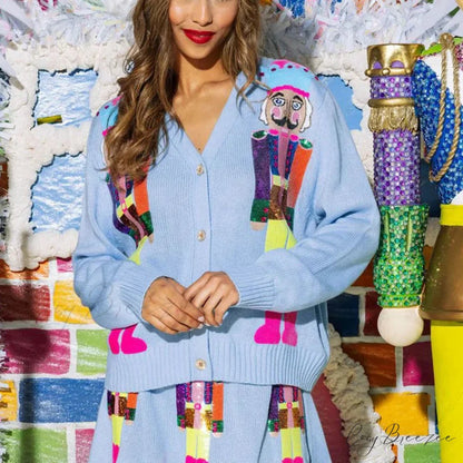 Y2K Cartoon Soldiers Sequin Cropped Cardigan sky blue / S