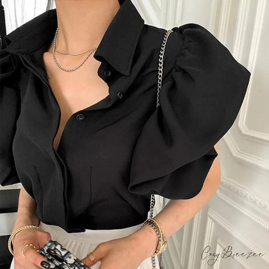 Y2K Chiffon Black Puff Sleeve Casual Korean Crop Top Black / S blouse-250126