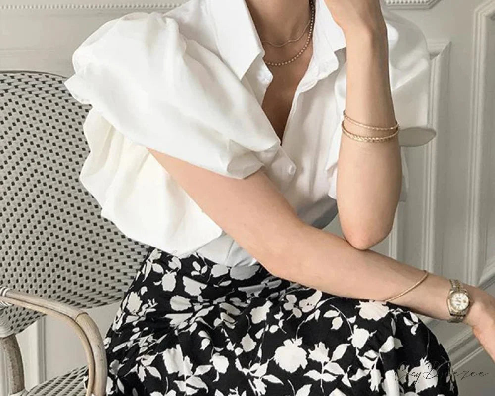 Y2K Chiffon Black Puff Sleeve Casual Korean Crop Top WHITE / S blouse-250126