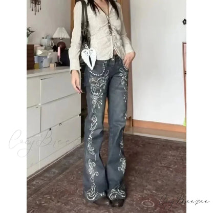 Y2K Embroidery Denim Wide Pants pants-241228