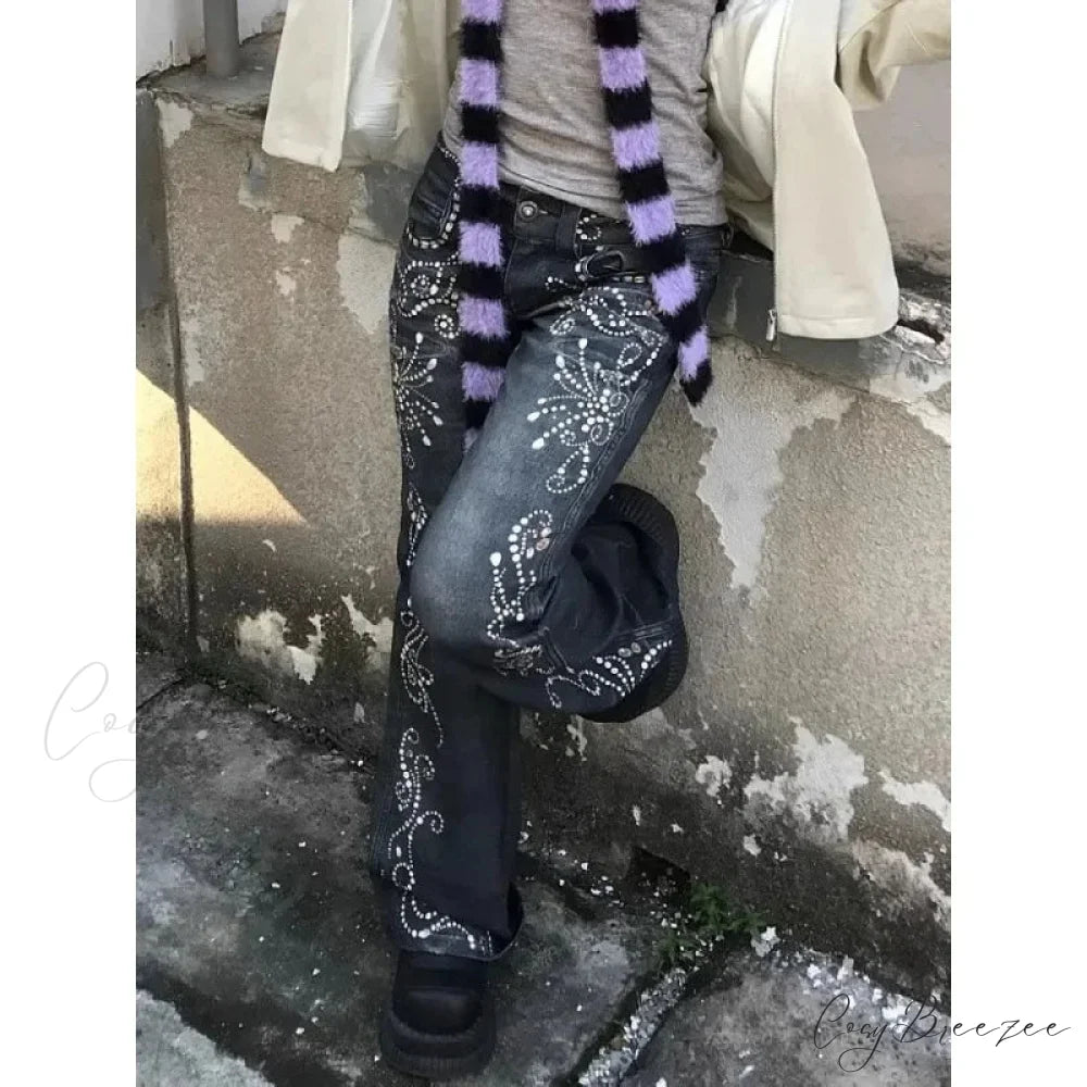 Y2K Embroidery Denim Wide Pants pants-241228