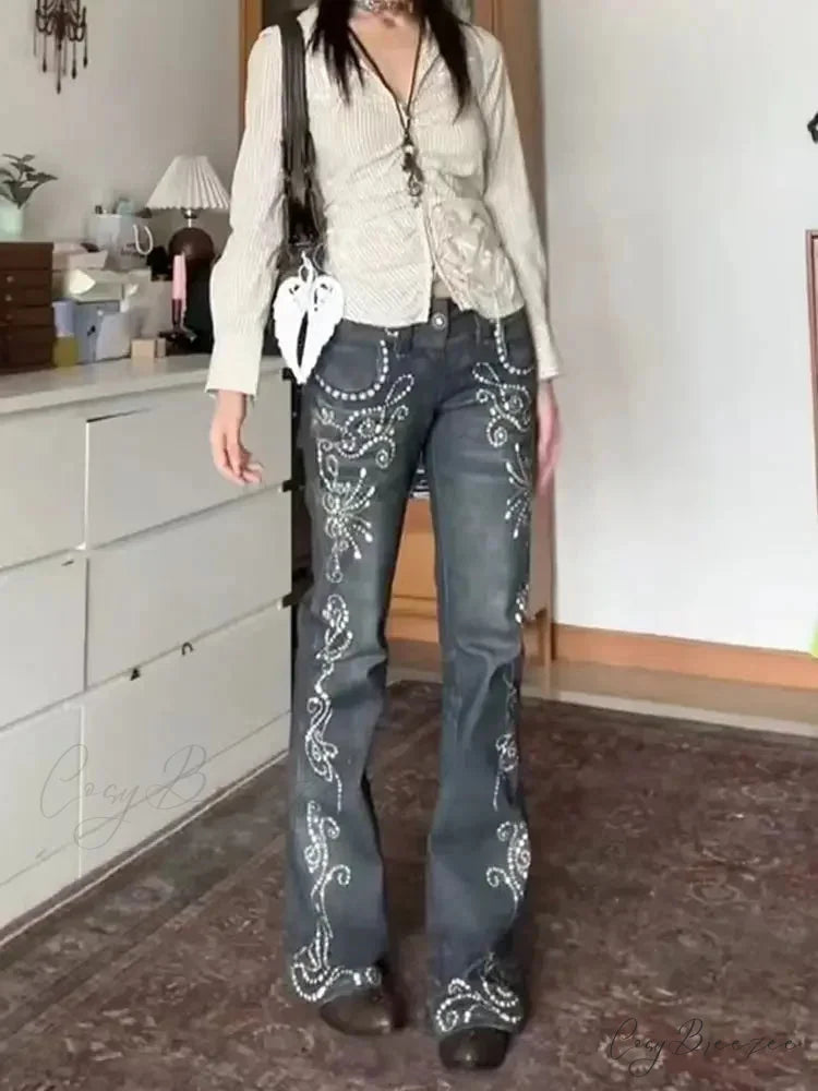 Y2K Embroidery Denim Wide Pants blue / S pants-241228