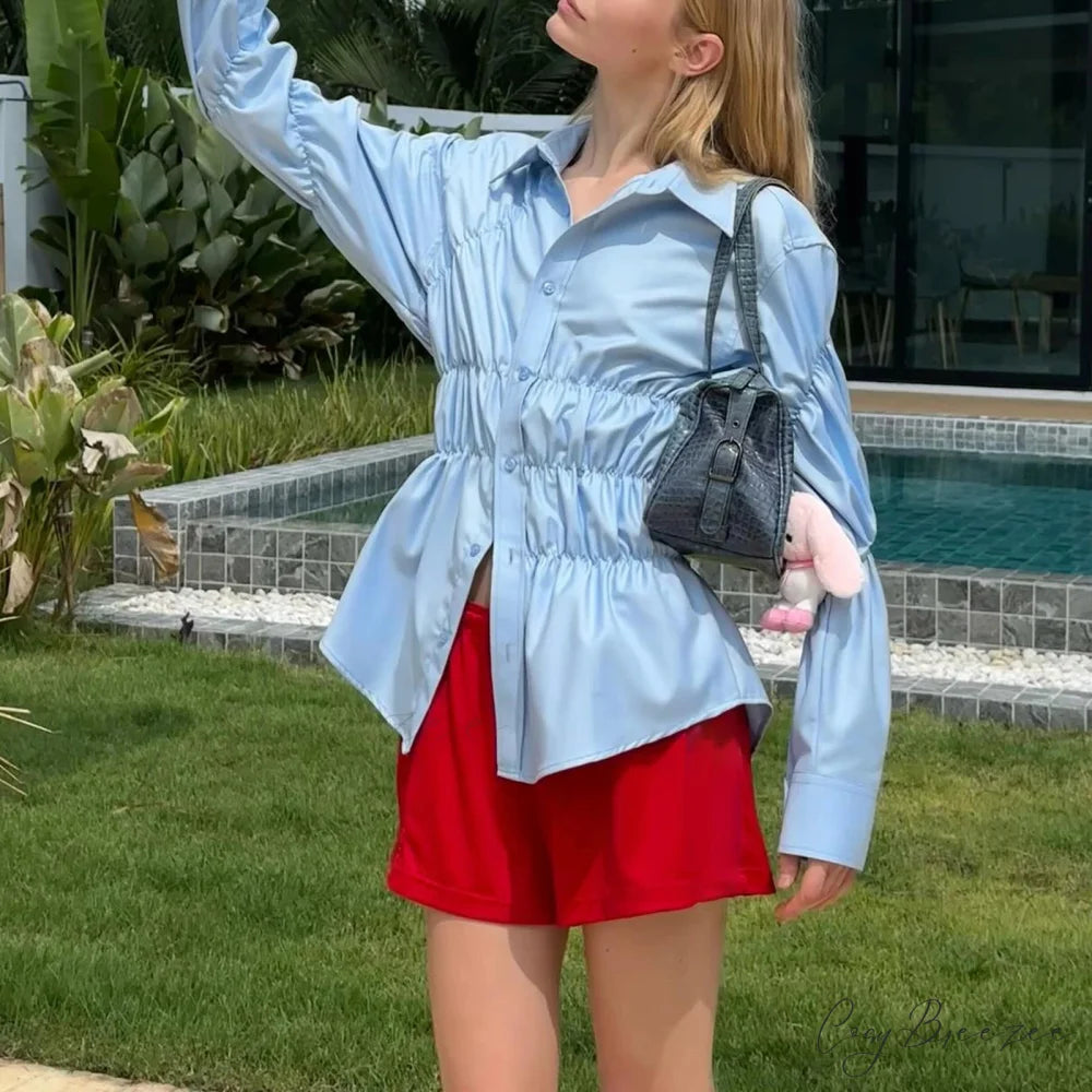 Y2K Extended Sleeve Scrunched Shirt blue / S blouse-250223
