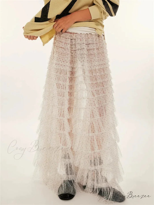 Y2K Fairycore Ruffle Maxi Slip Skirt Elastic Lace Tulle Tutu WHITE / S skirt-250126