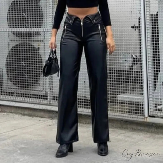 Y2K Fashion Leather High Waist Sexy Zipper Slim Streetwear Winter Pants Black / S