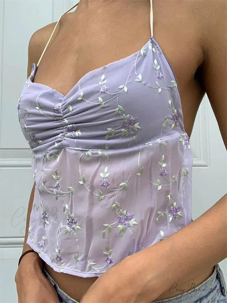 Y2K Floral Backless Tie-up Halter Crop Top PURPLE / S croptop-250126