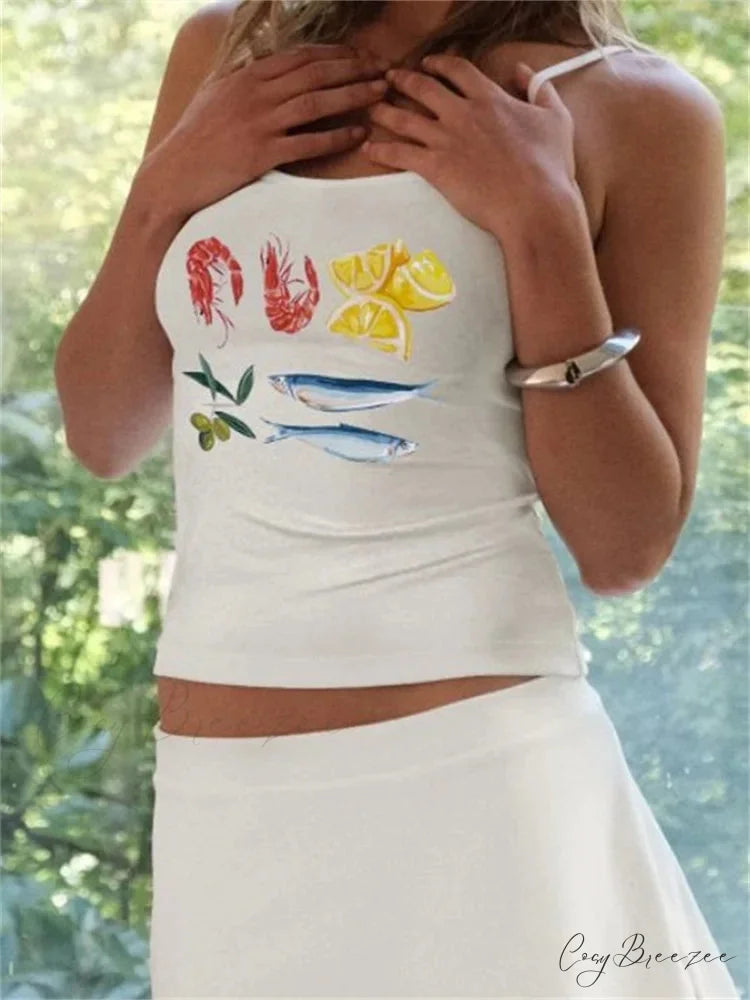 Y2K Floral Print Slim Strap Tank Crop Top WHITE2 / S croptop-250126
