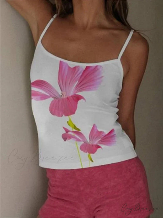 Y2K Floral Print Slim Strap Tank Crop Top WHITE3 / S croptop-250126