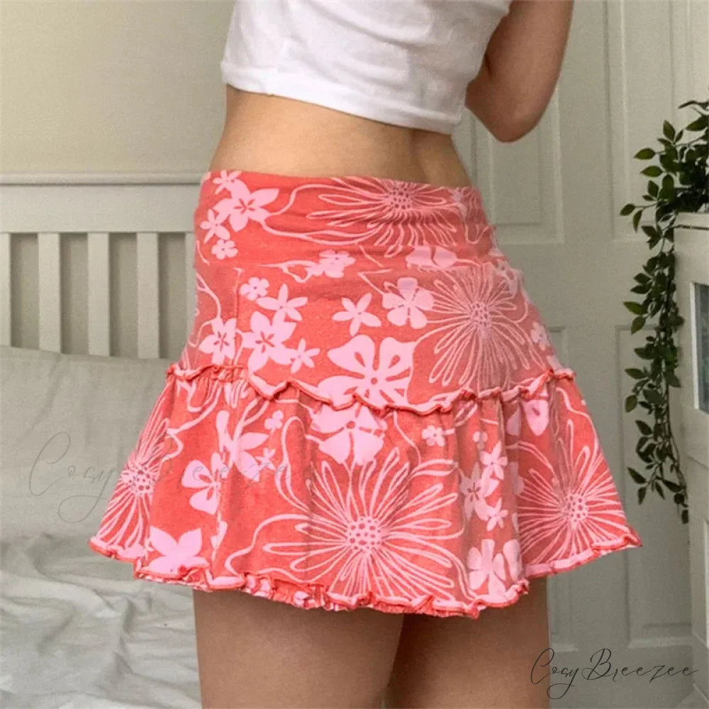 Y2K Floral Ruffle Trim Skirt skirts-250223